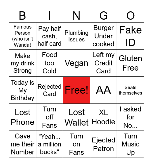 Front of House Bingo Card