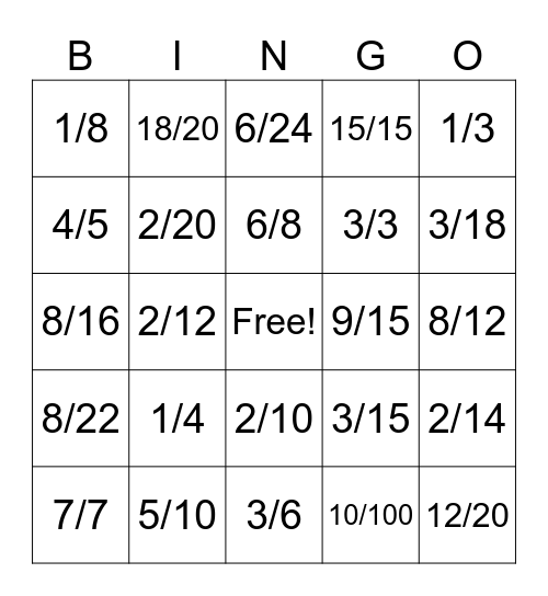 Fraction Bingo! Bingo Card
