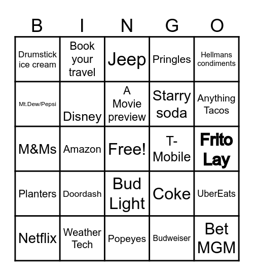 Superbowl Chiefs vs. 49ers Bingo Card