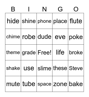 Silent E Review Bingo Card