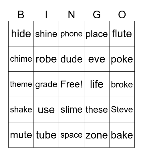 Silent E Review Bingo Card