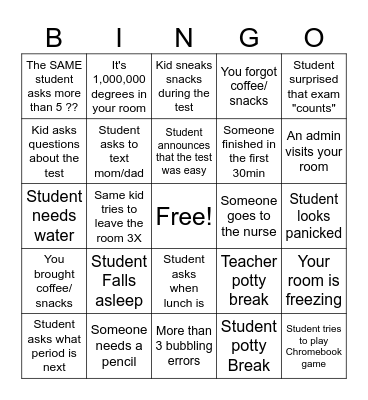Exam Proctoring Bingo Card