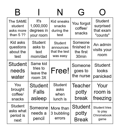 Exam Proctoring Bingo Card