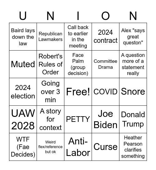 Union NEB bingo Feb Sunday 2024 Bingo Card