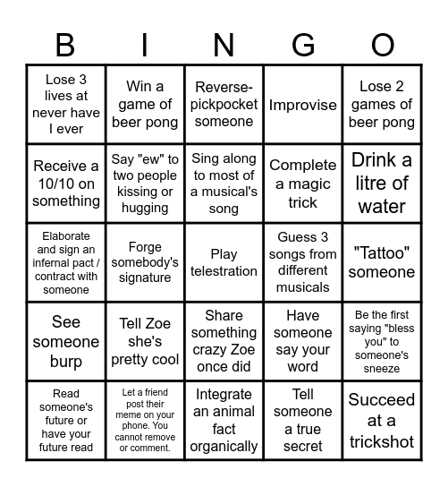 Zoé's Kinda Old Now Bingo Card