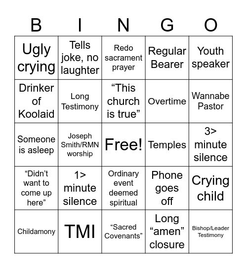 Testimony Bingo Card