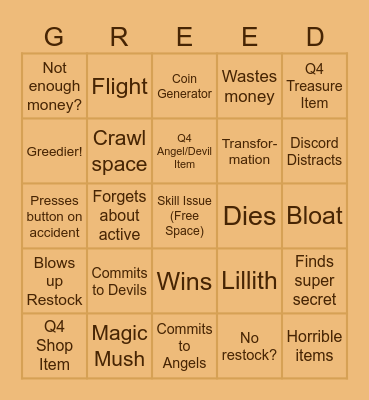 Isaac Greed Mode Bingo Card