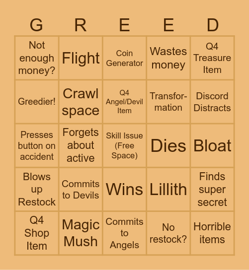 Isaac Greed Mode Bingo Card