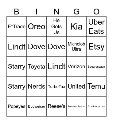 SuperBowl 58 Commercial Bingo Card