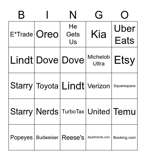 SuperBowl 58 Commercial Bingo Card