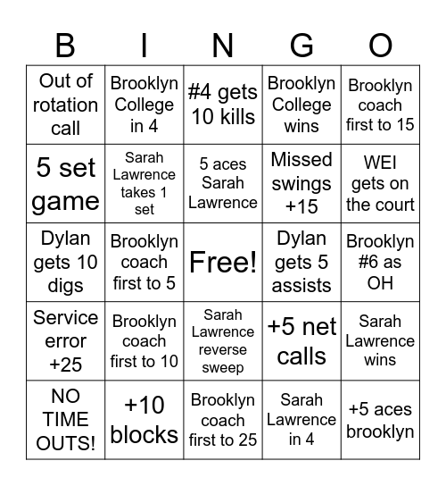 Brooklyn vs Sarah Lawrence Bingo Card