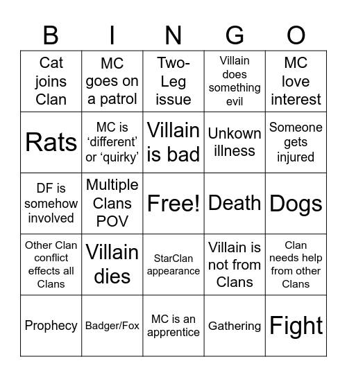 Warrior Cats BINGO Card