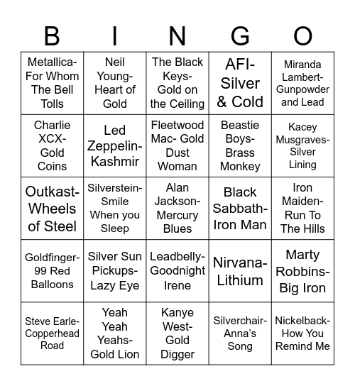 Radio Bingo "Metal" Music Bingo Card