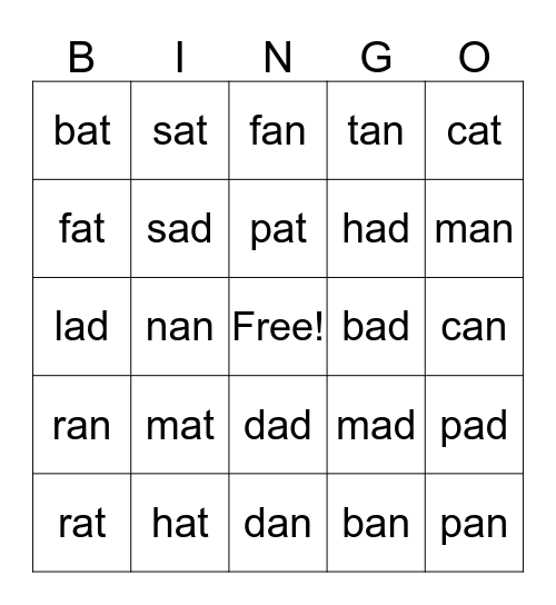 word bingo Card