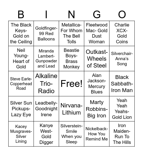 Radio Bingo "Metal" Music Bingo Card