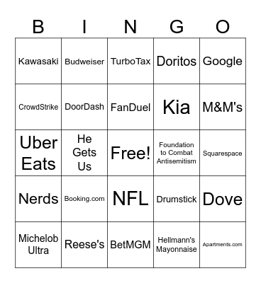 Super Bowl LVIII Commercials Bingo Card