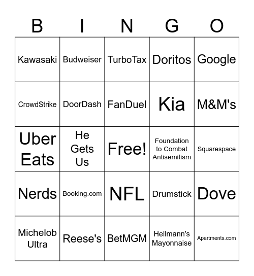 Super Bowl LVIII Commercials Bingo Card