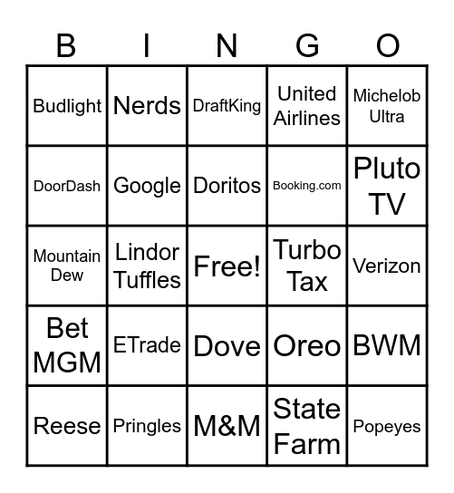 Super Bowl 58 Commerical Bingo Card