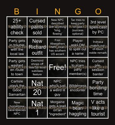 Sunforged Episode 16 Bingo Card