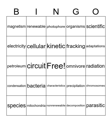 Multisyllable Science Words Bingo Card