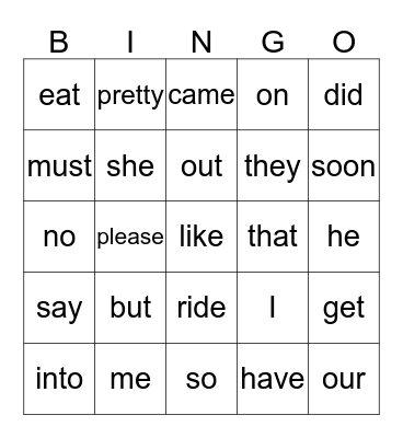 Sight Words Bingo Card