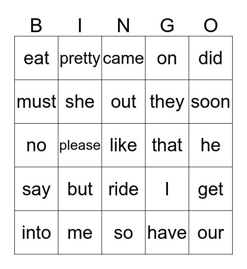 Sight Words Bingo Card