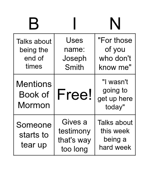 Testimony Bingo Card Bingo Card