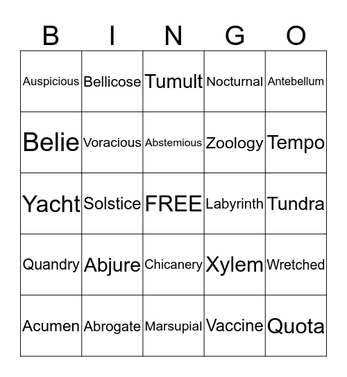 100 Vocabulary Words Bingo II Bingo Card