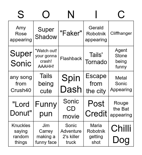 Sonic 3 Movie Bingo Card