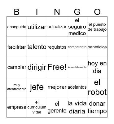 Capitulo Ocho Vocabulario Bingo Card