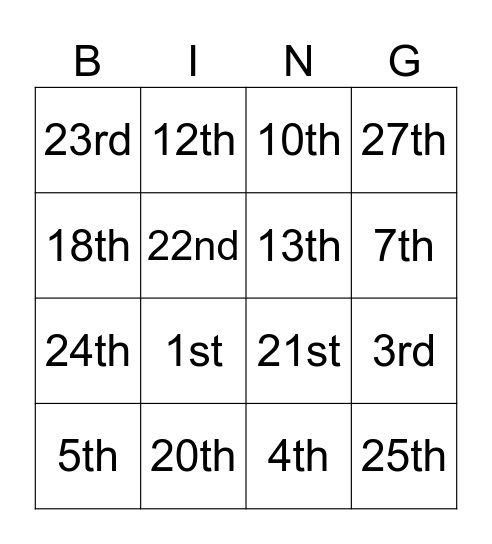 Numbers Bingo Card