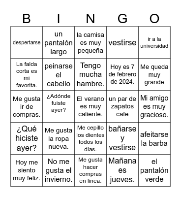 Spanish Phrases Bingo Card