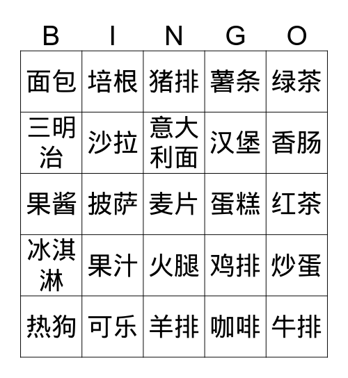 西方食物（汉字） Bingo Card