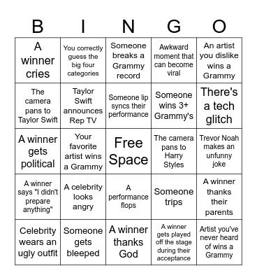 Grammy's 2024 Bingo Card