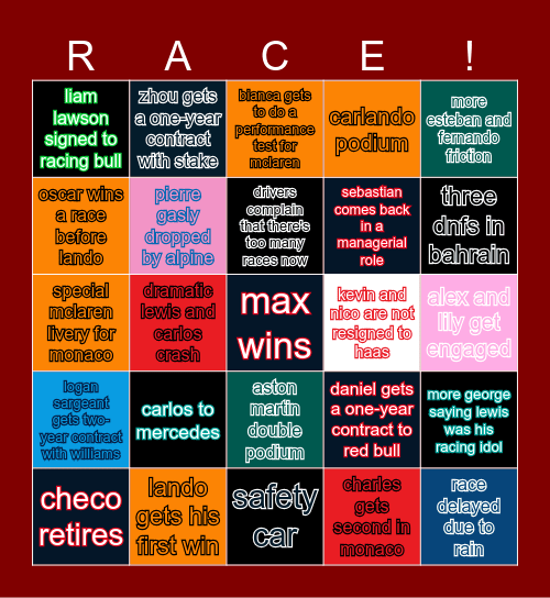 f1 2024 bingo Card