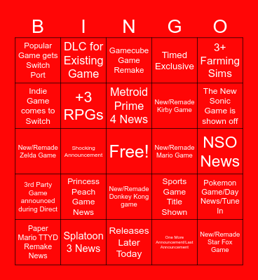 Nintendo Direct Feb 2024 Bingo Card