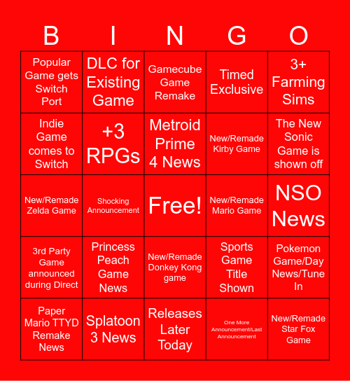 Nintendo Direct Feb 2024 Bingo Card
