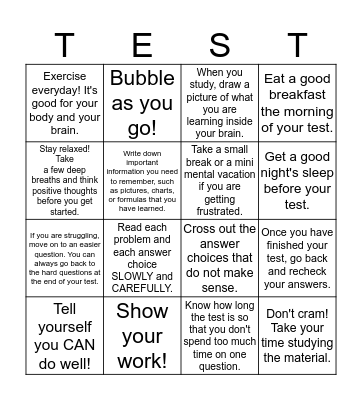 The Anti-Test Anxiety Society Bingo Card