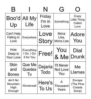 Music Bingo - Love Songs Bingo Card