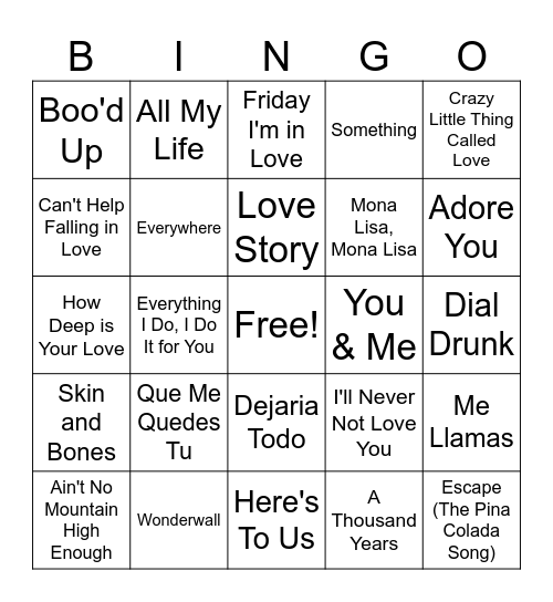 Music Bingo - Love Songs Bingo Card