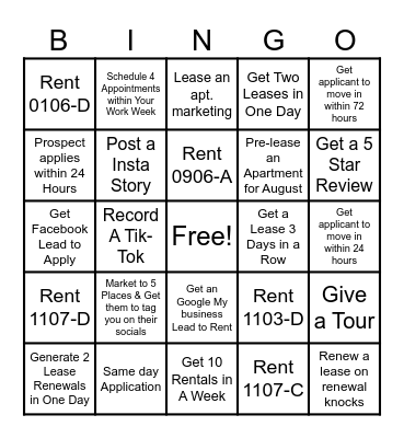 Leasing Bingo! Bingo Card
