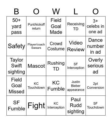 Super Bowl Bingo Card