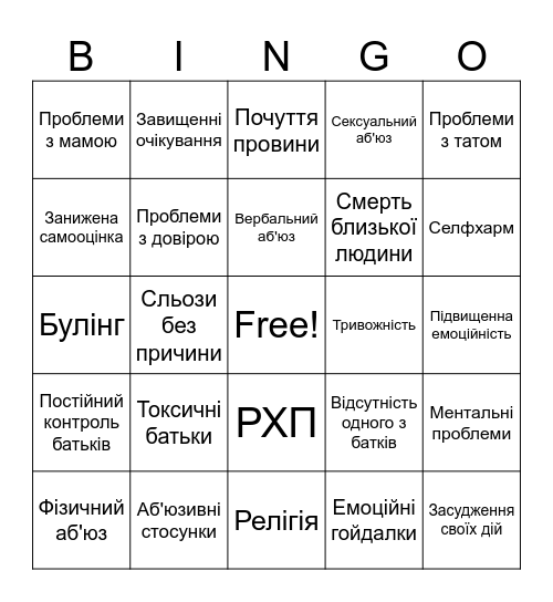 Дитячі травми бінго Bingo Card