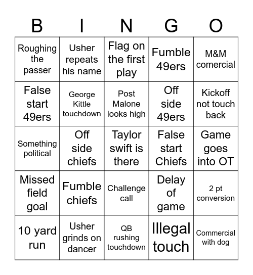 Super bowl Bingo Card