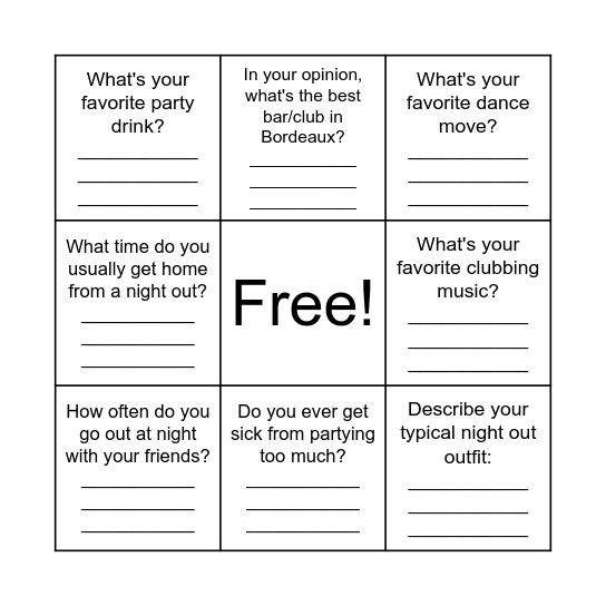 Clubbing/Party Questions Bingo Card