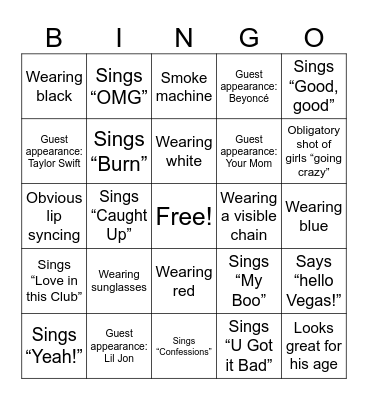 Super Bowl Halftime Show Bingo Card
