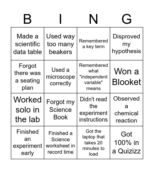 Northmead 10 Science Bingo Card