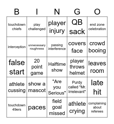 Super Bowl Bingo Card