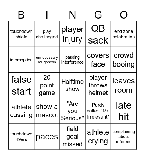 Super Bowl Bingo Card