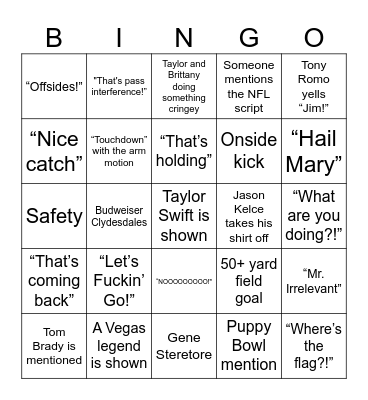 Super Bowl Bingo Card